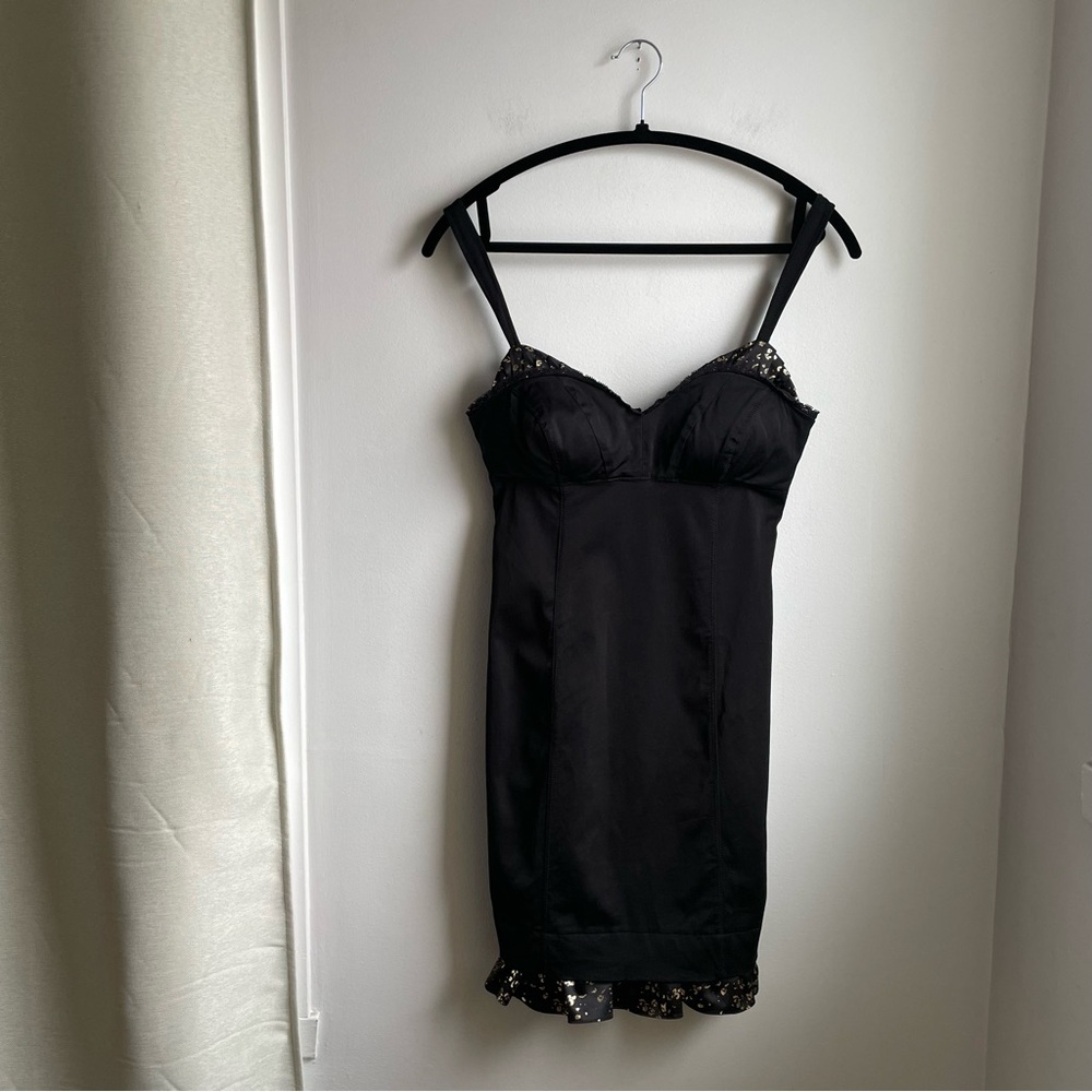 Black Satin Dress Halter Bustier-Gold Specks-LaceTrim-Whimsigoth-Steampunk